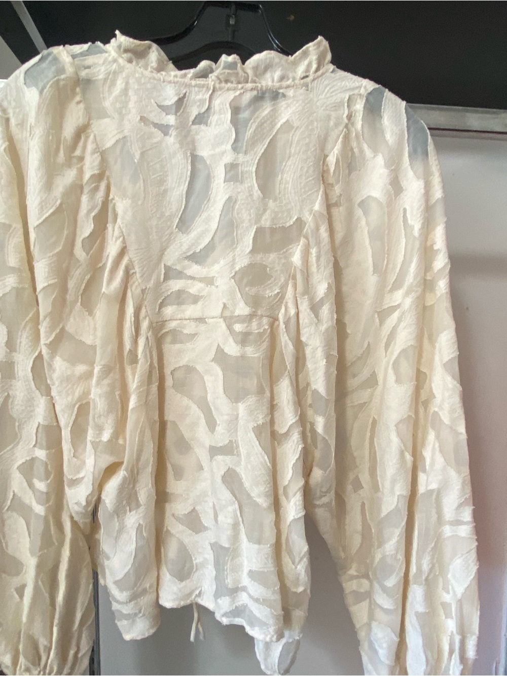 H&M Cream Sheer Textured Ruffled-Neck Long Sleeve Blouse